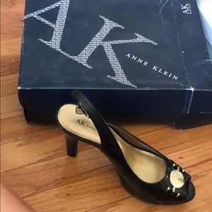 Black open toe high heel dress shoes